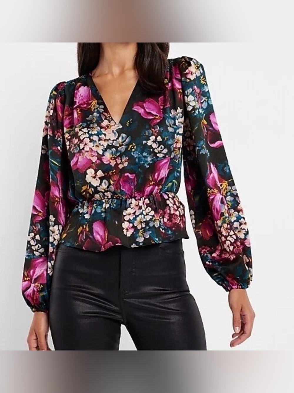 Express Black Floral V-Neck Blouse with Fuchsia Blooms Faux Wrap Peplum Top XL